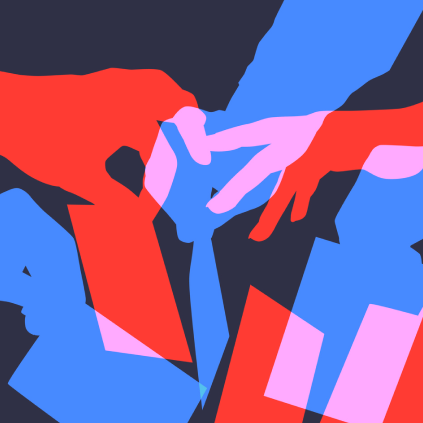 Abstract illustration of overlapping hands holding direct mail pieces in bold shades of red, blue, and pink, evoking the energy and action of communication and outreach.