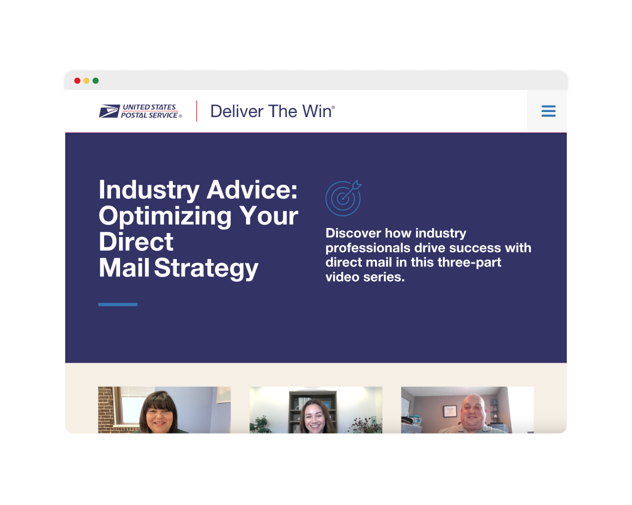 Image of the Deliver the Win videos landing page featuring photos of each of the three experts.