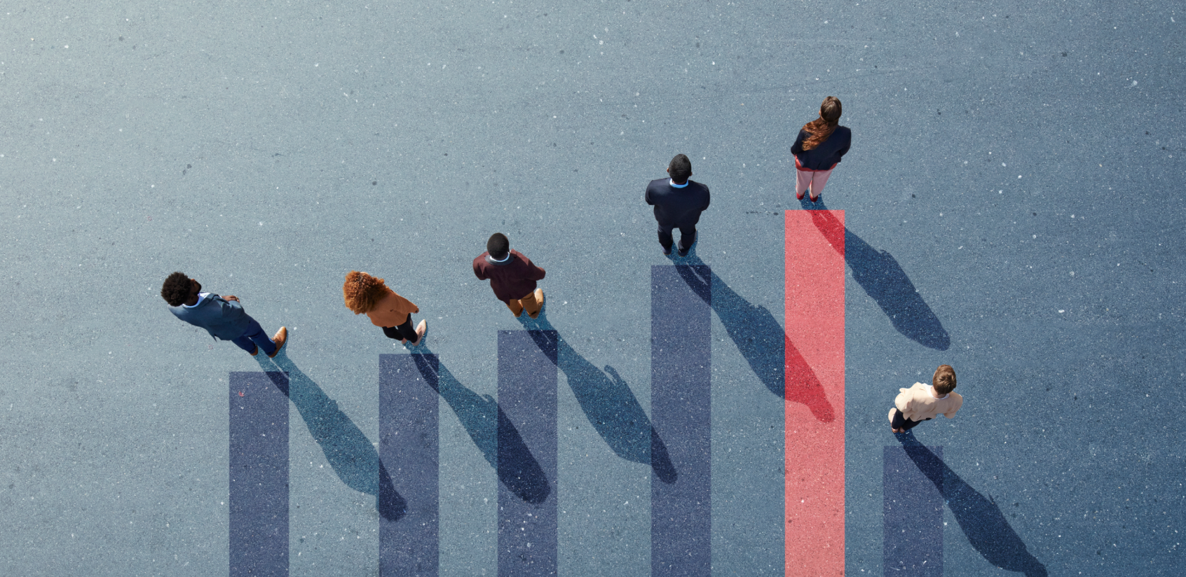 Ascending bar graph lines with a person standing at the top of each graph line.