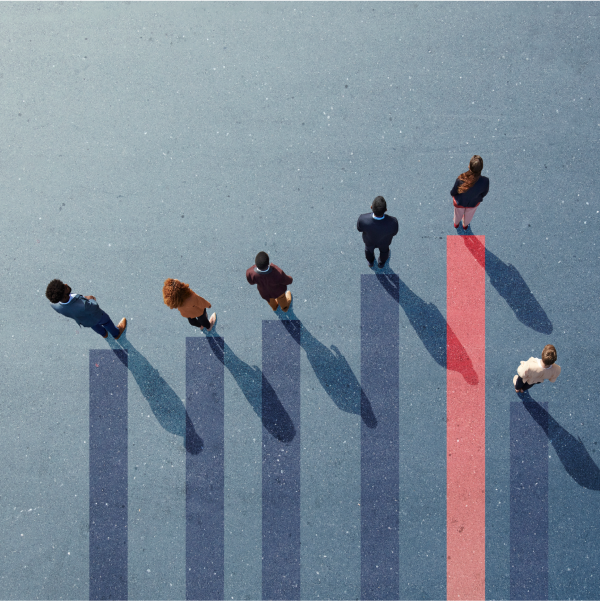 Ascending bar graph lines with a person standing at the top of each graph line.