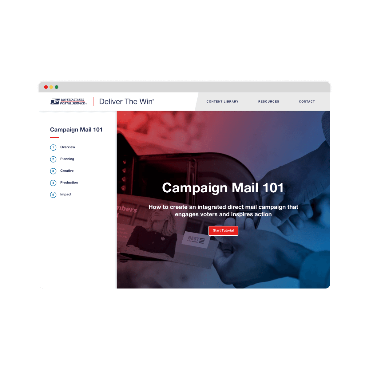 Campaign Mail 101 tutorial landing page with an image of a hand pulling a campaign mail piece out of a mailbox.